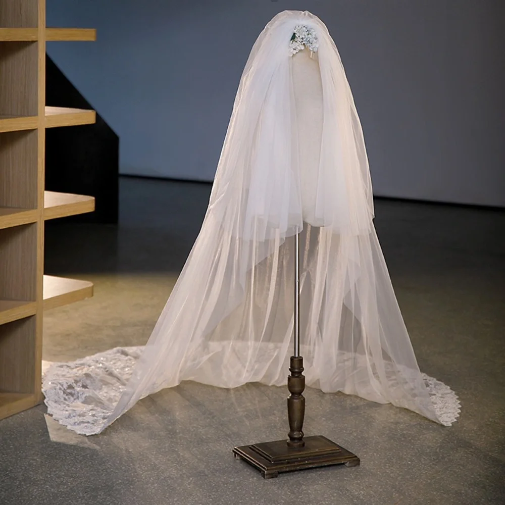 Long White Bridal Veil with Lace Trim
